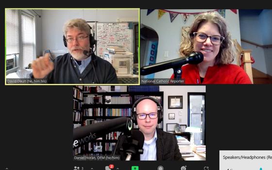 "The Francis Effect" podcast co-hosts David Dault, Heidi Schlumpf and Franciscan Fr. Daniel Horan record the latest episode. (NCR screenshot)